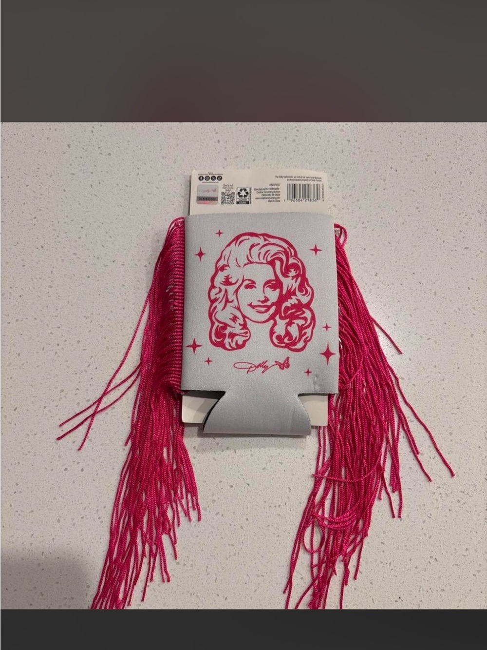 "What Would Dolly Do?" Pink Fringe Can Cooler Koozie NWT